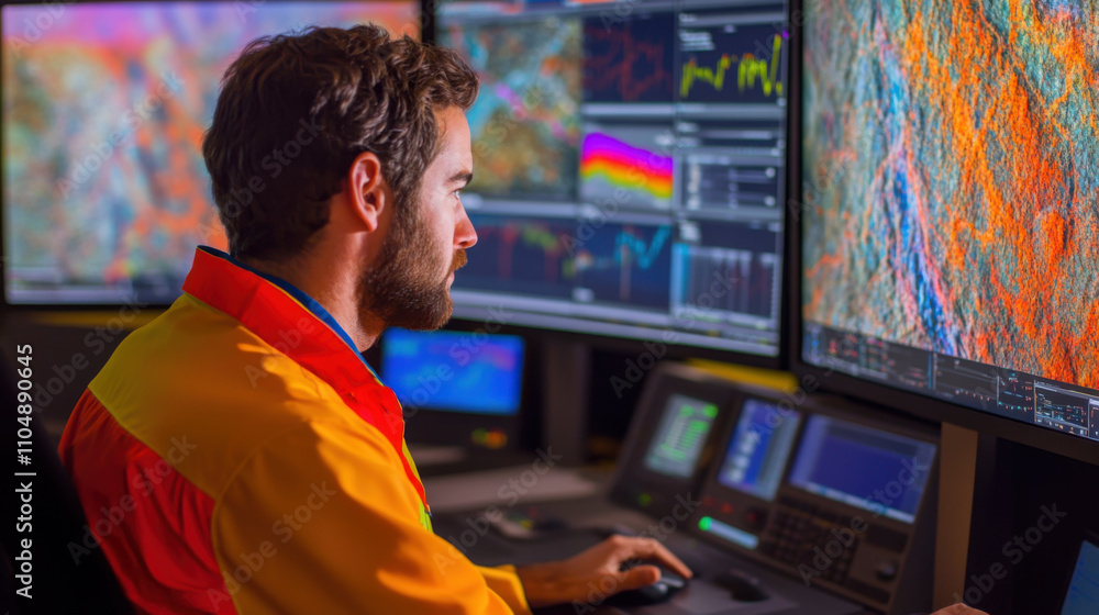 Poster engineer reviewing seismic data on multiple screens, focused on analysis and interpretation. vibrant