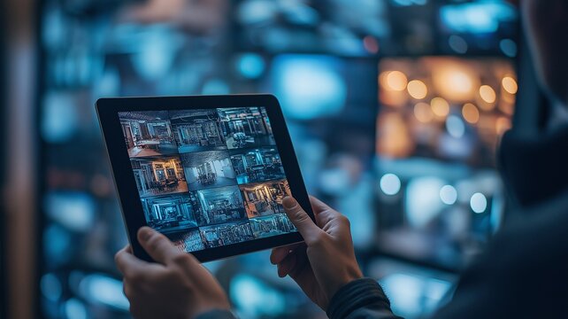 A person in a contemporary surveillance room with a security camera is watching security footage on a tablet.