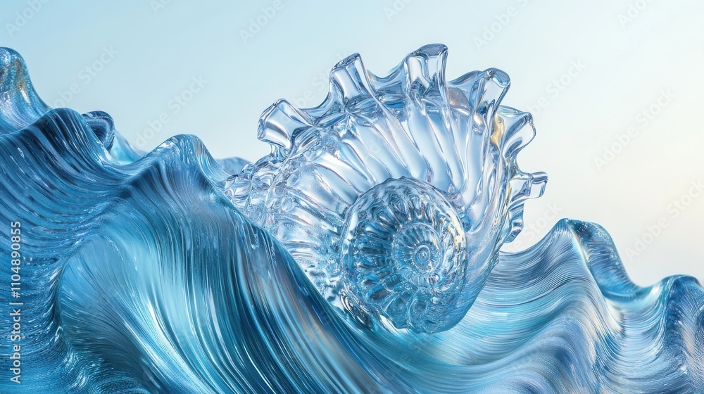 Poster Elegant Glass Shell in Motion Amidst Soft Ocean Waves Reflecting Light and Fluidity, Capturing the Essence of Nature and Artistry in a Harmonious Display
