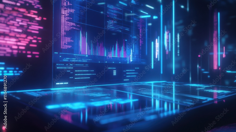 Poster futuristic data visualization with neon lights and high-tech graphics