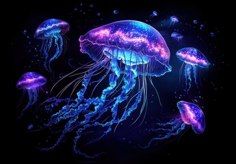 Ethereal and Colorful Jellyfish Floating Gracefully in a Dark Oceanic Environment, Glowing with Vibrant Shades of Blue, Pink, and Purple, Creating a Mystical Underwater Scene