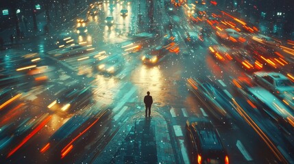 Fototapeta premium Urban night intersection scene with blurred car lights and figure