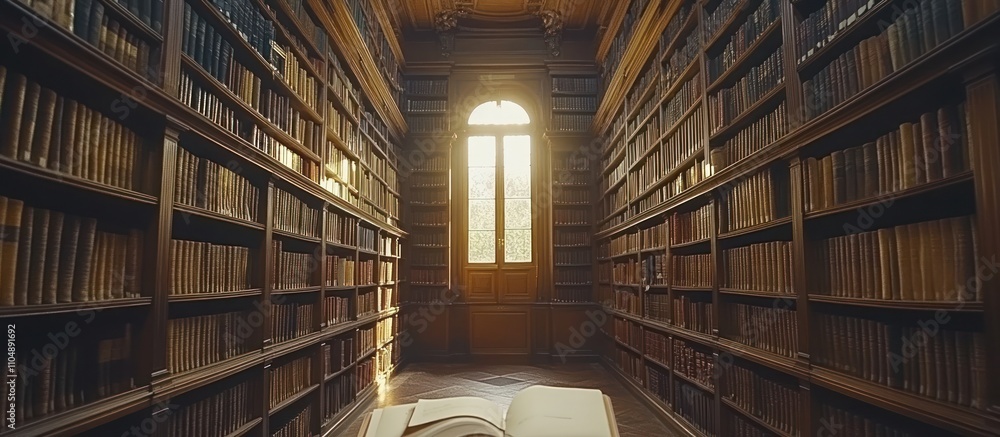 Poster a large library with bookshelves filled with books, a window in the back of the room with sunlight c