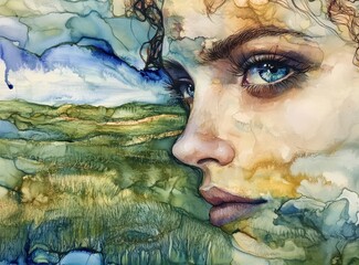 Ethereal Portrait of a Woman Merging with Nature, Featuring Intricate Colors and Textures in a Surreal Watercolor Style, Capturing the Connection Between Humanity and Landscape