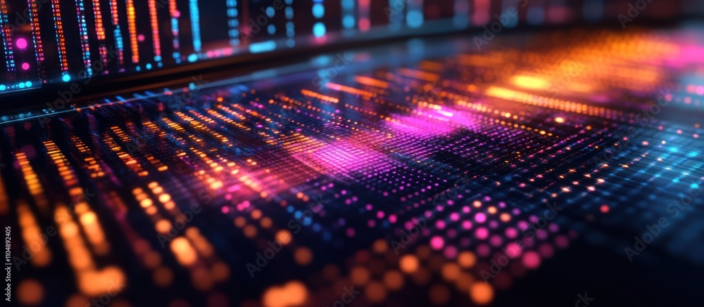 Poster abstract digital background with glowing lines and dots in neon colors.