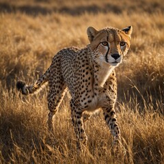 Fototapeta premium A graceful cheetah sprinting through tall golden grass in the morning light.