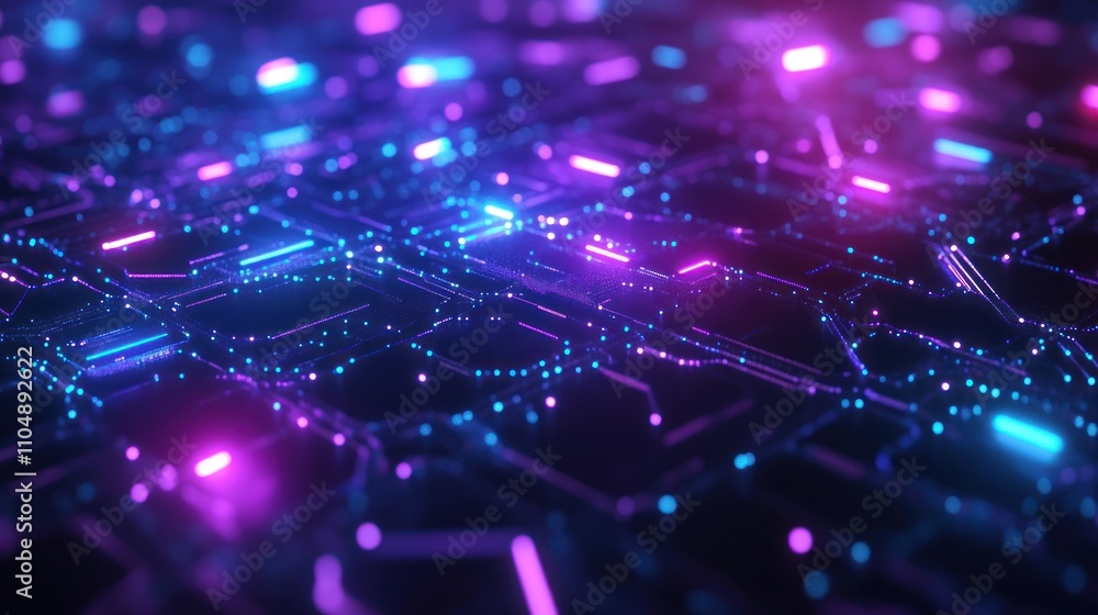 Poster abstract cyberpunk background with neon lights and glowing circuit board pattern.