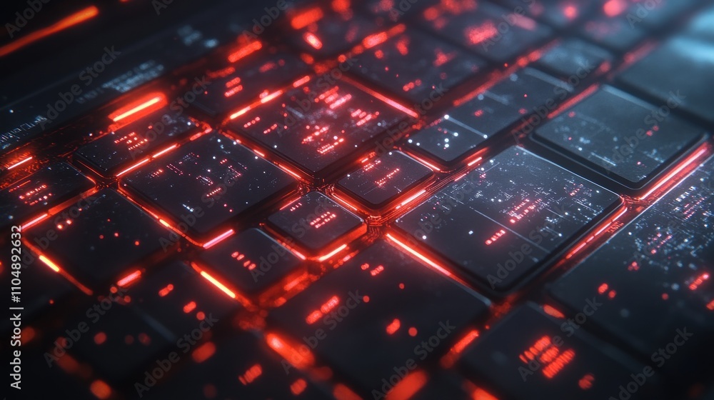 Poster close-up of a futuristic keyboard with red glowing lights.