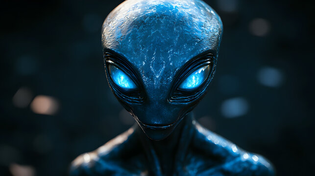 Mysterious alien figure with glowing blue eyes in a dark, surreal environment during an otherworldly encounter