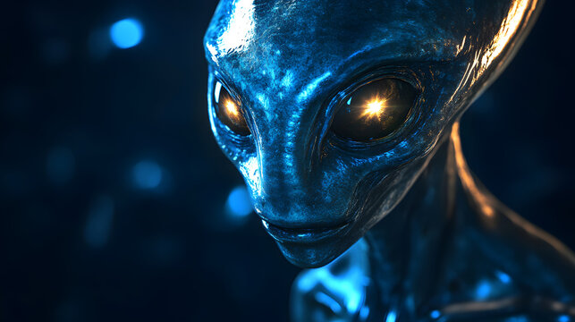 Intriguing alien figure with luminous eyes gazes into the unknown