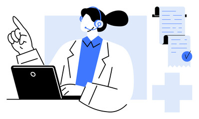 A healthcare professional wearing a headset sits at a laptop, pointing upwards. Nearby is a document with a checkmark sign. Ideal for telemedicine, online appointments, healthcare services, medical