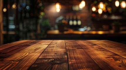 Perfect spot for food ads: wooden table in chic night restaurant setting.