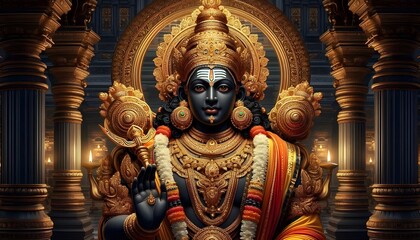 Serene Lord Venkateswara Detailed Close-Up Illustration in a Golden Temple Setting