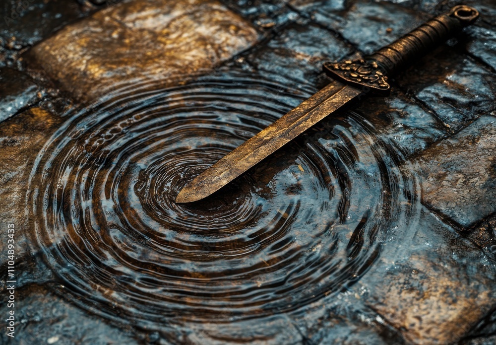 Poster intricate dagger resting in shimmering water, creating gentle ripples on cobblestone surface in atmo