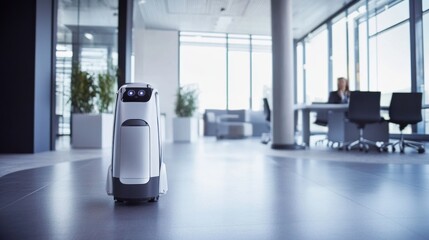 A state-of-the-art telepresence robot in a modern office, bright setting with the robot interacting, Professional style
