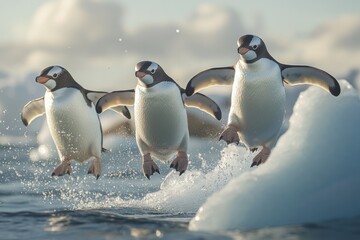 Obraz premium Three gentoo penguins leap from an iceberg in the icy waters of Antarctica.