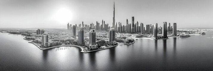 Fototapeta premium Aerial view of a coastal city skyline with numerous skyscrapers and high-rise buildings, reflecting on calm water under a bright sky.