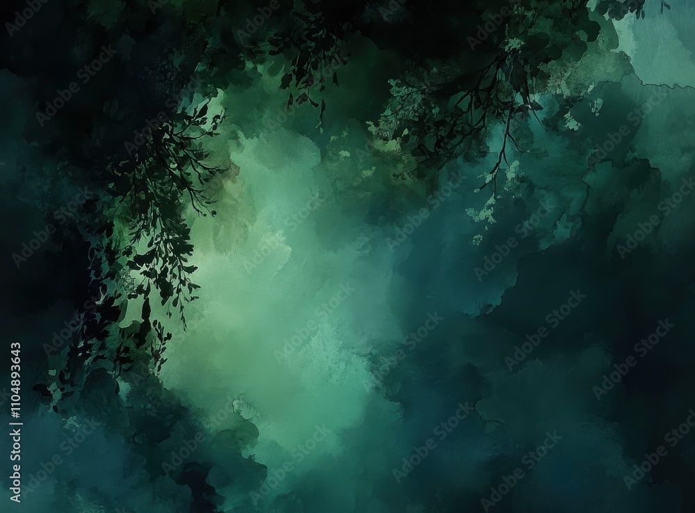 Poster Lush Green Abstract Background Featuring Soft Cloudy Textures and Subtle Leaf Patterns for Creative and Modern Design Projects