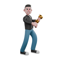 Fototapeta premium Creative 3D Model.A Male Screenwriter walks with his left hand holding a golden trophy, a wide smiling expression. Creative 3D Model