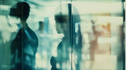 Woman Silhouetted Against Office Window Reflections