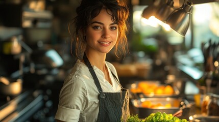 A young woman wearing a black apron stands in a kitchen, smiling and looking at the camera. She is holding a bunch of green lettuce in her hand.