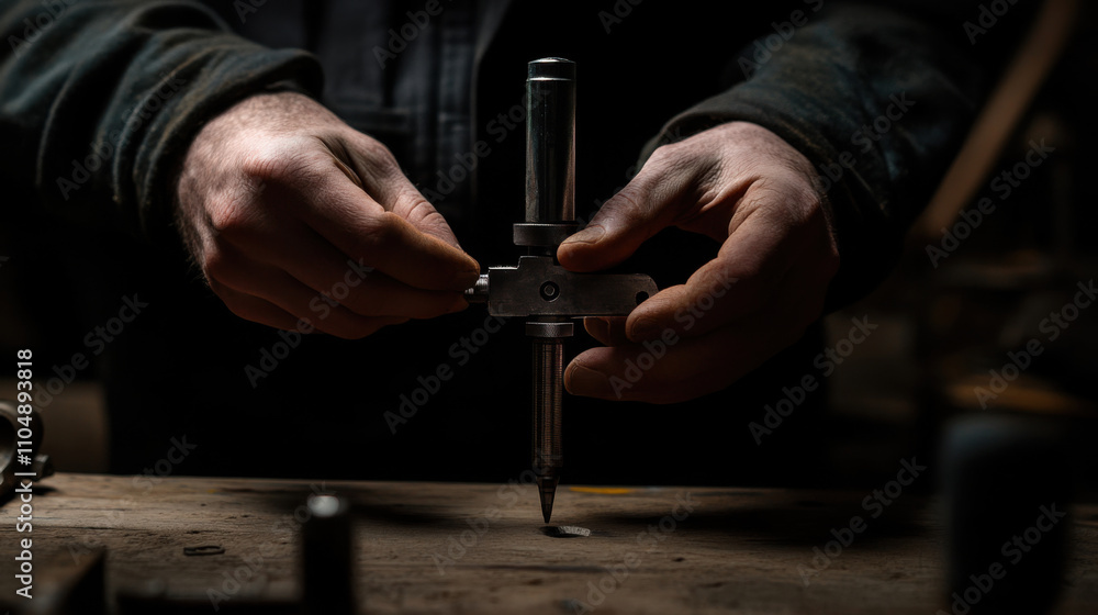 Aufkleber hands holding countersink depth gauge while adjusting for precision measurement in workshop setting.