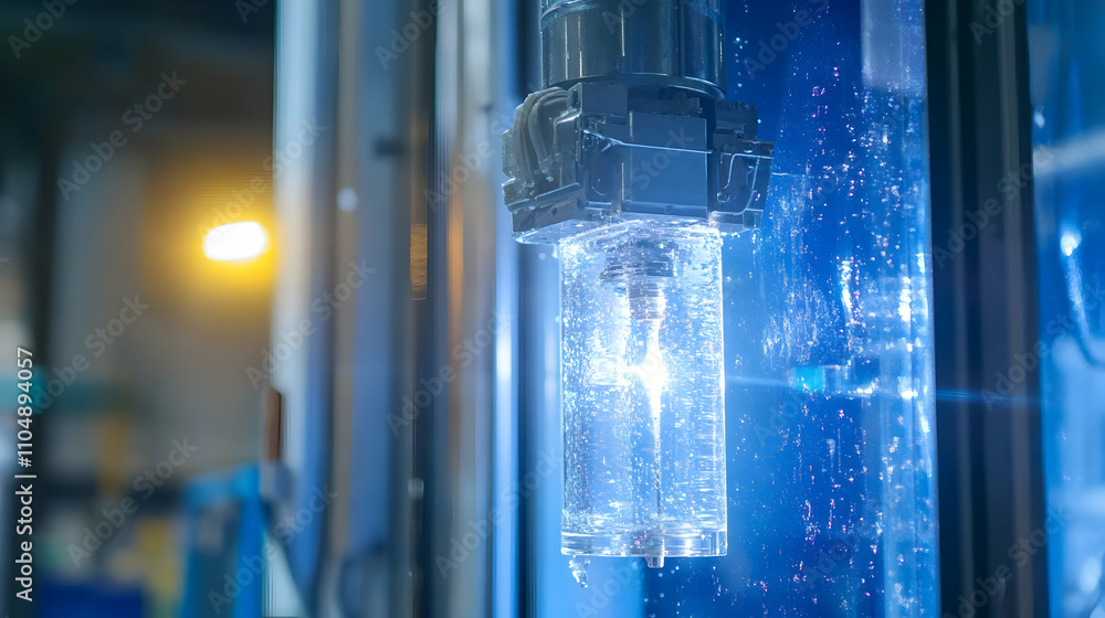 Aufkleber industrial machine's automated system precisely dispensing liquid in a cylindrical container within 
