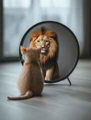 Kitten looking into mirror seeing lion