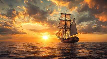 Sailing ship glides through vibrant sunset over calm waters with dramatic clouds in the sky