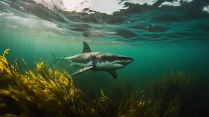 Fototapeta premium Majestic Great White Shark Gliding Through Kelp Forest Underwater in Clear Ocean Water with Sunlight Streaming Through Waves