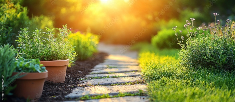 Poster a stone path leads through a lush green garden, bathed in the warm glow of the setting sun, creating