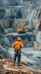 Obraz premium A worker observes heavy machinery operating in a mining site, highlighting industrial activity.