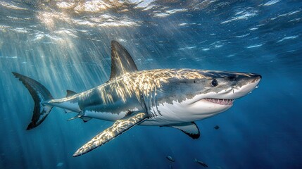 Fototapeta premium Majestic Great White Shark Swimming Gracefully Underwater with Sunlight Filtering Through Clear Ocean Water Creating a Stunning Marine Scene