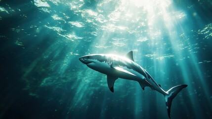 Naklejka premium Majestic Great White Shark Swimming in Crystal Clear Waters with Striking Sunlight Breaking Through Ocean Surface