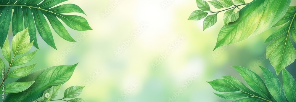Poster a green leafy background with a few leaves in the foreground