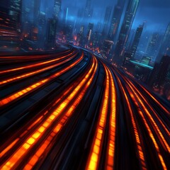 Futuristic city highway with glowing orange lanes at night.