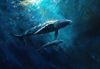 Fototapeta premium Majestic Humpback Whales Swimming Gracefully Beneath the Crystal-Clear Ocean Waves, Showcasing Elegance and Serenity in the Deep Blue Sea Environment