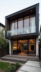 Stylish residence featuring large glass panels, timber accents, and a sophisticated black and white color scheme.