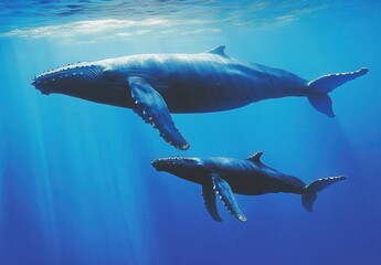 Fototapeta premium Majestic Humpback Whales Swimming Gracefully in Crystal Clear Ocean Waters, Showcasing Their Magnificent Size and Natural Beauty in a Serene Underwater Environment