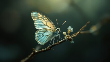 Obraz premium A night butterfly, ethereal beauty, rests on a branch, illuminated by soft light.