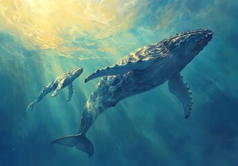 Fototapeta premium Majestic Humpback Whales Swimming Gracefully in Serene Ocean Waters Under Sunlight with Soft Colorful Sunbeams Illuminating the Underwater Scene