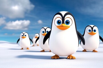 Naklejka premium A group of cartoon penguins waddling across a hyper-realistic snowy landscape