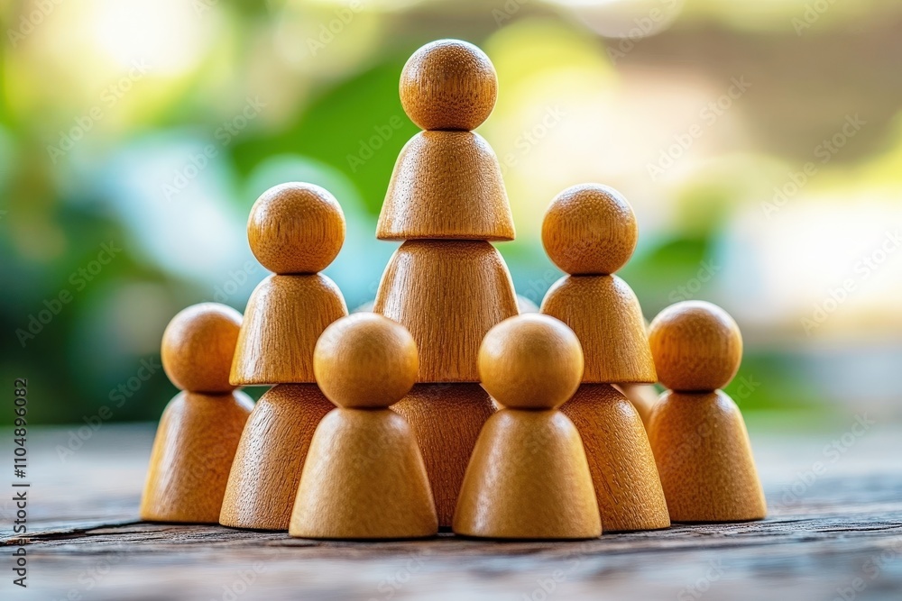 Poster wooden figurines forming a pyramid structure with a blurred green background symbolizing teamwork an