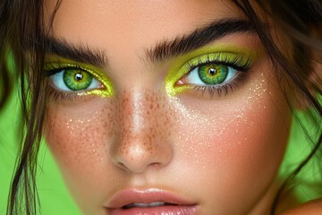 Fototapeta premium A hyper-realistic close-up of a celebrity face with dramatic lighting, highlighting every pore, lash, and sparkle in their eyes