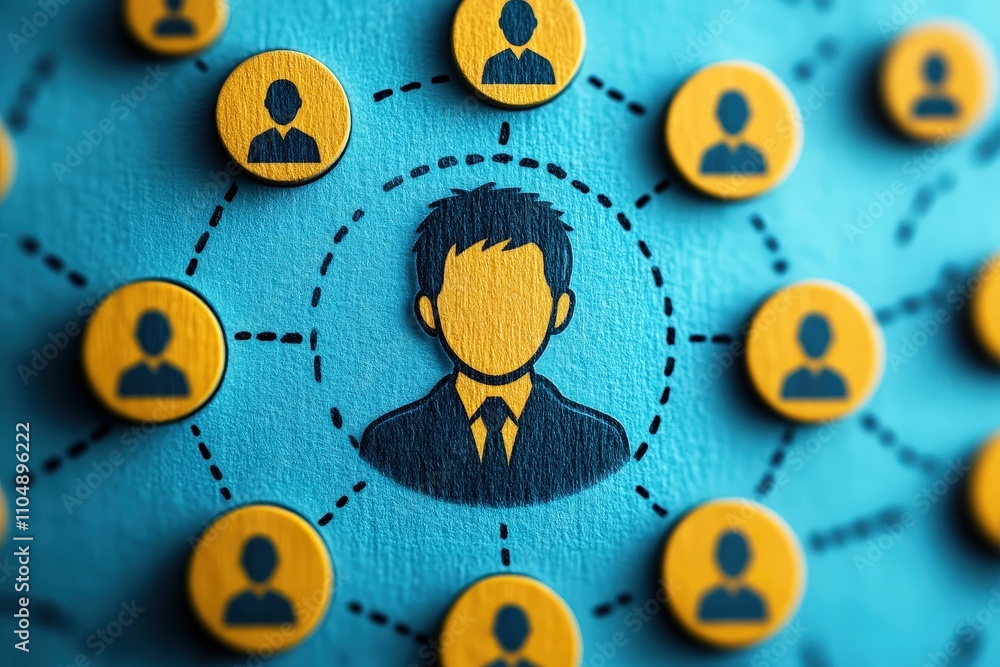 Poster professional network concept with individual in center surrounded by connected figures, symbolizing 