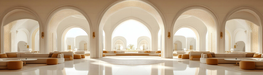 Fototapeta premium 3D Render of Luxurious Lobby with Arches and Beige Furnishings