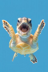 Obraz premium Majestic Sea Turtle Swimming Gracefully Beneath Clear Blue Water, Displaying Open Mouth and Flippers Against a Vibrant Ocean Background