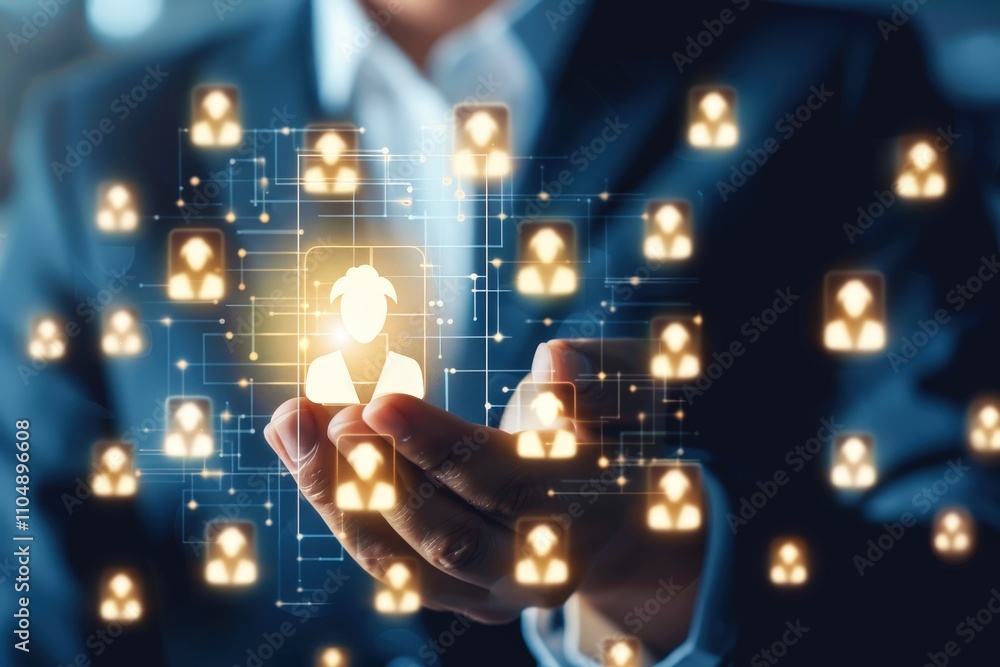 Poster businessman holding digital connections with user icons and data visualization in a futuristic conce