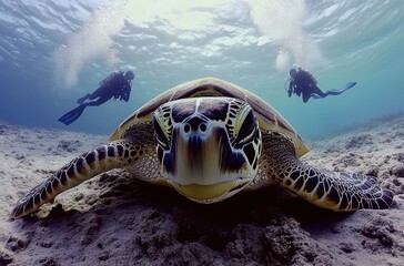Obraz premium Majestic Sea Turtle Swimming Gracefully Underwater with Two Divers in Background, Capturing the Beauty of Marine Life and Ocean Ecosystem