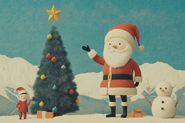 A festive outdoor Christmas scene featuring Santa Claus waving next to a beautifully decorated Christmas tree with a golden star on top. A cheerful child in a Santa outfit and a snowman add to the joy